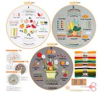 JSRQT 3 Set Kit da Ricamo per Principianti Adulti, Plant Frutta Kit di Pratica Ricamo per Imparare 31 Punti Diversi, Punto Croce Fai da Te Fatto a Mano con Strumento, Istruzioni, Ago e Filo