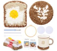 JSRQT Kit Sottobicchieri Punch Needle per Principianti - Ricamo Starter per Adulti Con Disegno Pane Caffè, Ago per Punzonatura e Fili