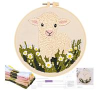 JSRQT Punch Needle Kit Completo per Principianti Adulti Pecora Strumento di Ricamo Aghi da Punzonatura Starter con Telaio Ago Embroidery Punto Croce Istruzioni Stick Mestiere