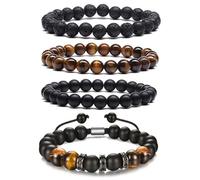 JSTHHTT 4Pcs Bracciale Uomo, Braccialetto Uomo, Bracciale Pietre Naturali, Pietra Lavica Bracciali, Bracciale Occhio di Tigre, Bracciale Portafortuna uomo, Regalo per la Festa del Papà