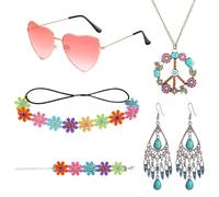 JSTHHTT 5 Pcs Hippie Costume Set Retrò Accessori Hippie Costume Bohemia Set, Stile Vintage Anni 60 Anni 70 HippieAccessori, Occhiali da Festa HippieOrecchini, Cerchietto, Collana con Segno di Pace