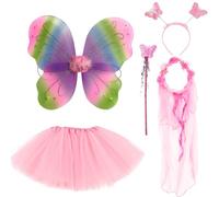 JSTHHTT 5Pcs Costume Fata Ragazza Vestito Principessa Farfalla con Ali Gonna Tutù Fascia,Fata Costume per Ragazze Costume da Farfalla per Bambina,Capelli Costumi Angelo Vestito Principessa Bambina