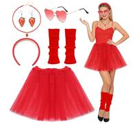 JSTHHTT 6 Pezzi Set di Costume di Fragola, Tiara, Occhiali da Sole, Tutu, Orecchini, Accessori per Il Gioco di Ruolo per Hawaiani Costume da Frutta Carnivale