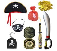 JSTHHTT 8 Pezzi Accessori Pirata per Bambini, Benda sull'Occhio da Pirata, Halloween Carnevale Feste Pirata Cosplay per Adulti Bambini, Cannocchiale, Bussola, Medaglione Dorato