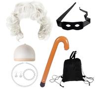 JSTHHTT 9 Pezzi Accessori Costumi Nonna Parrucca, Party Ladro Accessori Set Di Parrucche Bianco, Collana Di Perle, Orecchini, Braccialetti, Maschera Per Halloween Carnevale Festa Travestimento