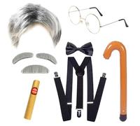 JSTHHTT 9 Pezzi Set Parrucca da Nonno Parrucca Uomo, Grigio Nonno Parrucca Stampelle Occhiali Cravatta Barba Finta Sopracciglia, Costume Nonno per Carnevale Halloween Natale Festa Cosplay