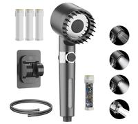 JSUDQR Soffione Doccia con Filtro 3+1 Getti Spray con Tubo in PVC da 1.5M e Supporto Soffione Massaggiante con pulsante di arresto dell'acqua Accessorio per il bagno