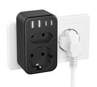 JSVER 3680W (max 16A) Multi-Socket Power Strip con 1 Presa Schuko, 1 Presa Europea, Power Cube 2 porte USB-A e 2 porte USB-C per Ufficio, Casa o Viaggio (Nero)