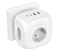 JSVER Ciabatta elettrica 3 scomparti con 4 adattatori USB (2 prese europee e 1 Schuko), presa USB, 7 in 1, presa multipla Powercube, caricatore da scrivania, senza cavo, con interruttore, bianco