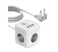 JSVER Cube Presa Multipla, Multipla Presa 3 vie con Interruttore(3680W 16A), Presa da Tavolo Cubo con 3 Caricatori USB (15,5 W) per Ufficio, casa o in Viaggio Cavo da 3 m-Bianco