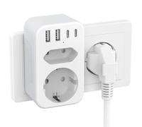 JSVER Multi-Socket Power Strip 3680W (max 16A) con 1 Presa Schuko, 1 Presa Europea, 2 porte USB-A e 2 porte USB-C (5V,12W) per Ufficio, Casa o Viaggio (Bianco)