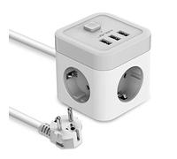 JSVER Multipresa Cubo USB, Presa Multipla 3 vie (3680W 16A) con Interruttore, Presa da Tavolo Cubo con 3 caricatori USB (15,5 W) per ufficio, casa o in viaggio Cavo da 1,5 m(grigio-bianco)