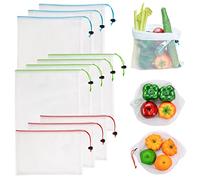 JSVSLTD Set di 10 sacchetti riutilizzabili in rete - sacchetti lavabili con coulisse colorata - 3 rossi piccoli 4 verdi medi 3 blu grandi trasparenti in rete per conservare frutta, verdura