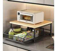 JSWHYBD Piccolo Scaffale Microonde da Cucina, Supporto con Cesto Inferiore e Ripiano Estraibile - Organizzatore Compatto per Cucina e Soggiorno black frame 1f