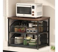 JSWHYBD Piccolo Scaffale Microonde da Cucina, Supporto con Cesto Inferiore e Ripiano Estraibile - Organizzatore Compatto per Cucina e Soggiorno Black + Walnut 2f