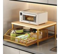 JSWHYBD Piccolo Scaffale Microonde da Cucina, Supporto con Cesto Inferiore e Ripiano Estraibile - Organizzatore Compatto per Cucina e Soggiorno gold frame 1f