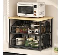 JSWHYBD Piccolo Scaffale Microonde da Cucina, Supporto con Cesto Inferiore e Ripiano Estraibile - Organizzatore Compatto per Cucina e Soggiorno Black + Original 2f