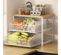 JSWHYBD Piccolo Scaffale Microonde da Cucina, Supporto con Cesto Inferiore e Ripiano Estraibile - Organizzatore Compatto per Cucina e Soggiorno White frame 2f