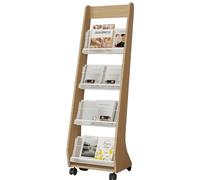 JSWHYBD Portariviste da Terra con Ruote, Espositore Mobile in Legno, Libreria Aperta a Più Livelli, Adatto per Studio, Soggiorno, Hall di Hotel e Ufficio E