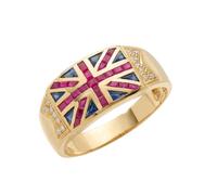 JTC LTD Anello con diamante rotondo naturale da 1,34 ct con gemma | Anello con sigillo Union Jack da uomo | rubino e zaffiro blu | oro 9 K (giallo, bianco, rosa) | design bandiera britannica | set