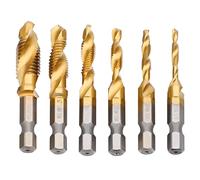 JTENG 6 Pezzi Punte Trapano, Maschi Countersink Tap Drill Bit HSS Imposta Combinazione Attacco Filettare e Svasare l’imboccatura Innesto Esagonale Titanio Maschio per Filettare, M3/4/5/6/8/10
