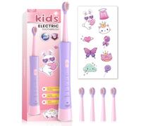 JTF Spazzolino Elettrico Bambini 3-12 Anni con 4 Testine, Timer, 5 Modalità di Pulizia, Timer Intelligente, Adesivi Personalizzabili - IPX7 Impermeabile Idea Regalo per Ragazze