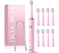 JTF Spazzolino Elettrico Sonico con 8 Testine & Raschietto Lingua 5 Modalità e