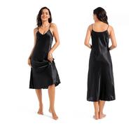 JTKSSCS Sottoveste Seta Camicia da Notte in Seta for Donna, Lunga Sottoveste in Raso, Spalline Sottili, Sottoveste in Seta, Morbida Camicia da Notte con Scollo a V(Black,L (EU46 US14))