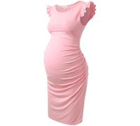 JTKSSCS Vestito Premaman Estivo Abiti Premaman Estivi Elasticizzati Maniche a Palloncino Arricciate Laterali Baby Shower Vestito Aderente for la Gravidanza Vestiti for Donne Incinte(Pink,S)