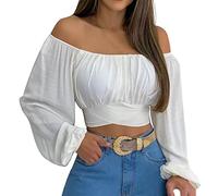 JTLB Elegante camicetta con spalle scoperte, top increspato con maniche a lanterna per donne, per tempo libero, spiaggia, vacanze, all'aperto, con tacchi alti o stivali (S)