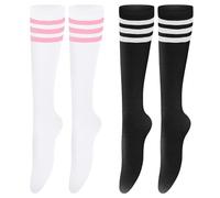 JTMKYO 2 paia di calze al ginocchio, calze a righe, calze bianche e nere, calze a righe per ragazze, 3 calze a righe, calze alte, bianco, nero, M-L