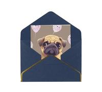 JTNWEC Biglietto di auguri con stampa di un cucciolo di carlino in stile cartone animato, con carta perlata, biglietti di compleanno blu per occasioni speciali