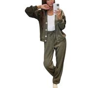Juankrynord Set Loungewear alla Moda Donna Primavera/Autunno: Top Casual con Scollo a V e Bottoni e Pantaloni della Tuta, Completo Yoga Slim-Fit Due Pezzi (Verde militare,3XL)