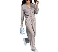 Juankrynord Set Loungewear alla Moda Donna Primavera/Autunno: Top Casual con Scollo a V e Bottoni e Pantaloni della Tuta, Completo Yoga Slim-Fit Due Pezzi (cachi,L)
