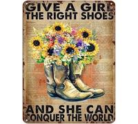 JUANZD Targa in latta vintage con scritta in inglese "Give A Girl The Right Shoes and She Can Conquer The World", decorazione vintage per garage, casa, giardino, bar, cucina, 20,3 x 30,5 cm