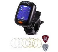 Juarez JRT500 Premium Chitarra/Ukulele Tuner Combo + Extra Light Copper Wound Strings Set (0.010-0.048, 7 Corde) + 2 Picks - Per Chitarra Acustica, Elettrica & Basso - Verde Etnico Combo
