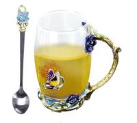 Jubepk Glass Tea Cup, Flower Pattern Mug, Drink Day Mug, Elegant Tea Mug, Mug Spoon Set, Tea Cup with Spoon, Glass Mug Set, Elegant Mug for Women, Tea Mug for Grandma, Floral Tea Cup