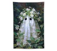 Jubonexis Arazzo con fantasma, fiori bianchi e foglie verdi, in poliestere, da appendere alla parete, per camera da letto, soggiorno, dormitorio, 101,6 x 152,4 cm