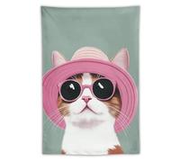 Jubonexis Arazzo da appendere alla parete in poliestere con simpatico gatto in un cappello da sole, decorazione per camera da letto, soggiorno, dormitorio, 101,6 x 152,4 cm