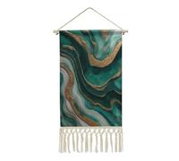 Jubonexis Arazzo da parete in lino, arte astratta, color oro metallizzato con onde smeraldo, marmo, poster vintage da parete con nappa e asta in legno