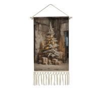 Jubonexis Arazzo da parete in lino, con albero di Natale nella vecchia stanza, poster da parete vintage con nappa e asta in legno