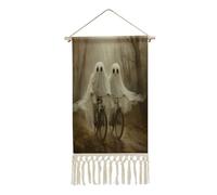 Jubonexis Arazzo da parete in lino, con due fantasmi che cavalcano una bicicletta con sentiero nella foresta nebbiosa, poster vintage da parete con nappe e asta in legno