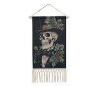Jubonexis Arazzo da parete in lino, con scheletro che indossa un elegante cappello a cilindro, poster vintage da appendere alla parete, con nappa e asta in legno