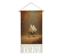 Jubonexis Arazzo da parete in lino, con simpatici fantasmi che cavalcano una bicicletta autunnale e un sentiero nella foresta, poster vintage da parete con nappe e asta in