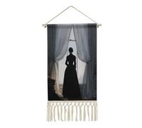 Jubonexis Arazzo da parete in lino, con vestito nero donna in piedi vicino alla finestra, poster vintage da appendere alla parete con nappa e asta in legno