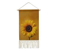 Jubonexis Arazzo da parete in lino, girasole su sfondo giallo trasparente, poster vintage da appendere alla parete, con nappe e asta in legno