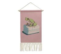 Jubonexis Arazzo da parete in lino, rana seduta su una saponetta, poster vintage da parete con nappa e asta in legno