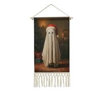 Jubonexis Arazzo da parete in lino, simpatico fantasma che indossa un cappello di Babbo Natale, poster vintage da appendere alla parete con nappa e asta in legno