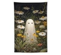 Jubonexis Arazzo estetico da appendere alla parete in poliestere con fantasma in campo di fiori bianchi, decorazione per camera da letto, soggiorno, dormitorio, 101,6 x 152,4 cm