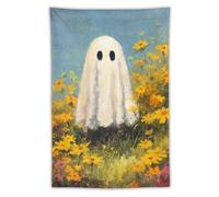 Jubonexis Arazzo vintage con fantasma in campo di fiori selvatici, in poliestere, estetico, da appendere alla parete, per camera da letto, soggiorno, dormitorio, 101,6 x 152,4 cm